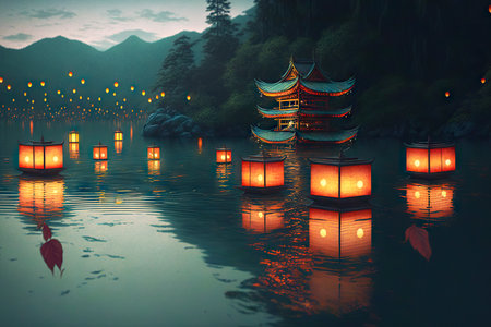 Dark green surface of river and floating on it floating asian lanternsの素材