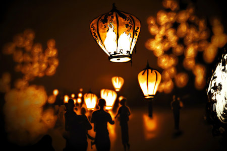 Many people at religious festival run floating asian lanternsの素材