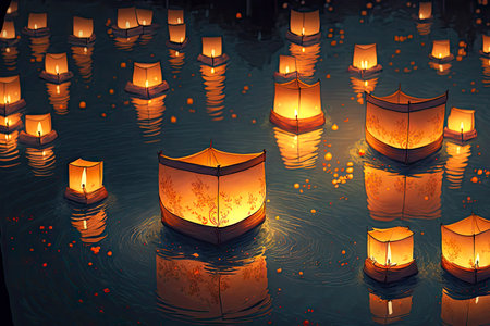 Dark night pond with floating on surface floating asian lanternsの素材