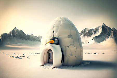 Snow igloo with entrance in form of penguin against background of mountainsの素材
