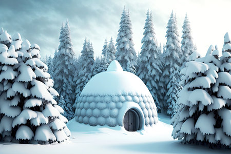 Round snow igloo against background of snow-covered Christmas trees in winterの素材