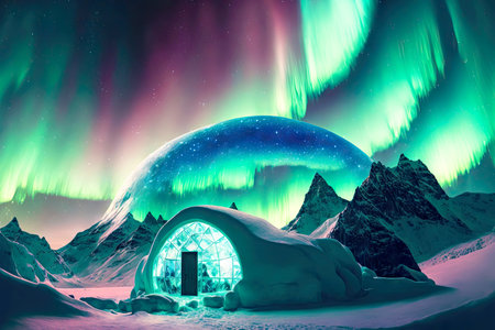 Survival in cold snow igloo against background of northern lightsの素材
