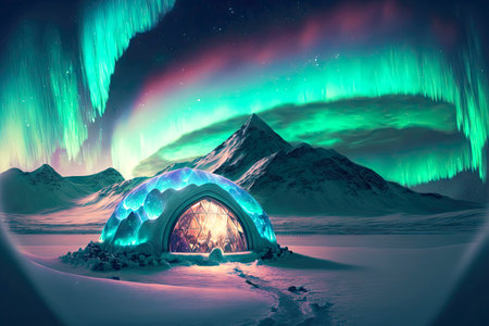 Survival in cold snow igloo against background of northern lightsの素材