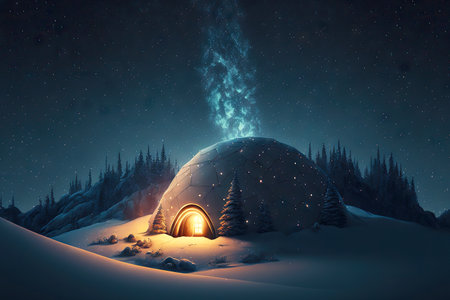 Shelter glowing snow igloo on background of galaxy and starsの素材