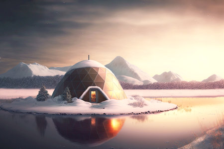 Home dome snow igloo in Arctic reflecting in waterの素材