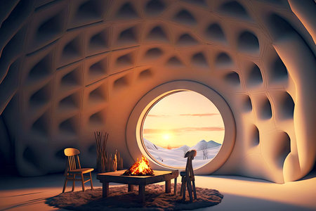 Snow igloo interior space with fireplace and window and tableの素材