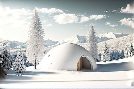 Snow igloo covered with white blinding snow with semicircular entranceの素材