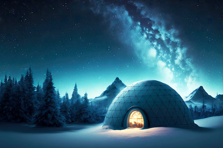 Semicircular snow igloo with faceted upper surface against glowing skyの素材
