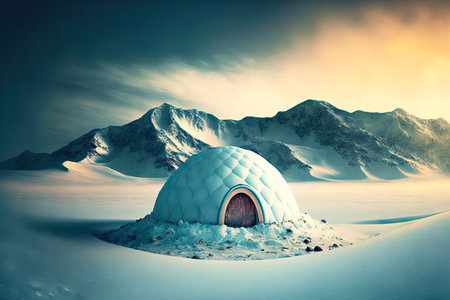Polar day Eskimo snow igloo landscape against backdrop of mountainsの素材