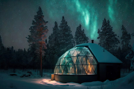 Beautiful snow igloo with glass walls reflecting northern lightsの素材