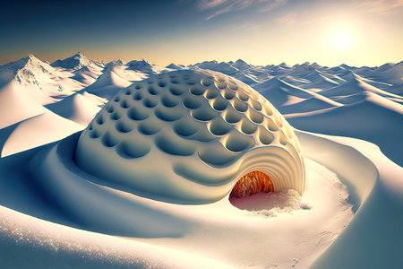 Beautiful snow igloo against backdrop of setting sunの素材