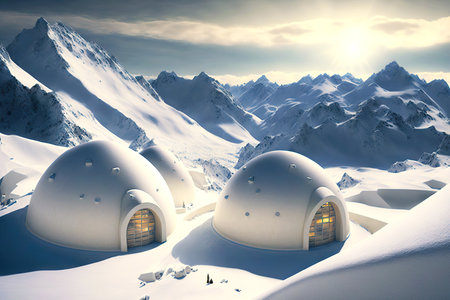 snow igloo built in valley between snow-covered fellsの素材