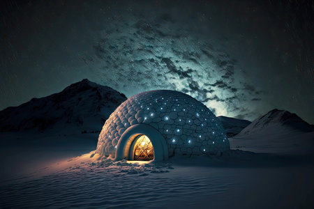Nighttime winter landscape and lonely standing snow igloo under illuminated skyの素材