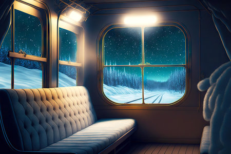 Cozy coupe Polar Express Train with soft sofa and large windowの素材