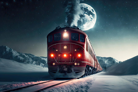 Modern red Polar Express Train rides by rail in winterの素材