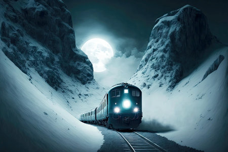 Luminous Headlight Polar Express Train Rides Between Snowy High Mountainsの素材