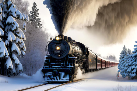 Vintage steam locomotive with Polar Express Train rides on winter rails and smokesの素材