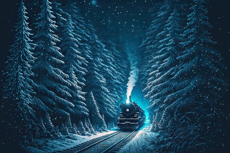Polar Express Train rides night railway among tall snow firsの素材