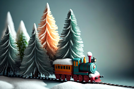 Beautiful Christmas toy Polar Express Train among paper Christmas treesの素材