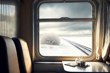 Landscape of winter railway outside window of Polar Express Trainの素材