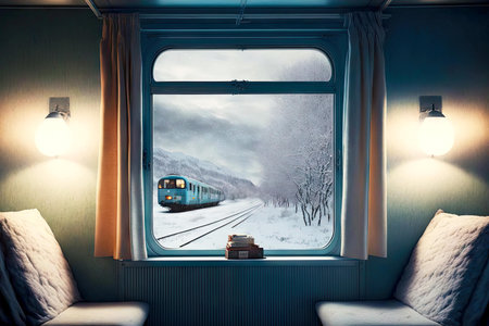 Landscape of winter railway outside window of Polar Express Trainの素材