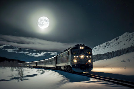 Polar Express Train racing on night railway against background of moonの素材