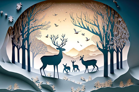 Herd of deer in forest paper winter landscapeの素材