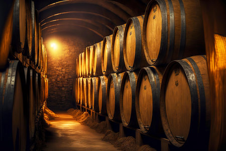 Rows of wooden oak barrel for winemaking in basementの素材