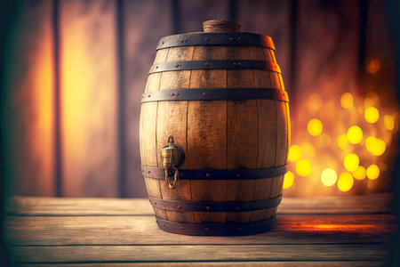Large wooden wine barrel on table against background of Christmas lightsの素材