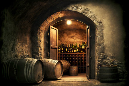 Winemaking in Italy cellar with wooden wine barrelの素材