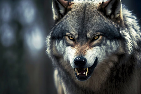 Wild animal grin gray wolf head on blurry backgroundの素材