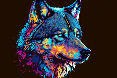 Multicolored bright print wolf head on black backgroundの素材