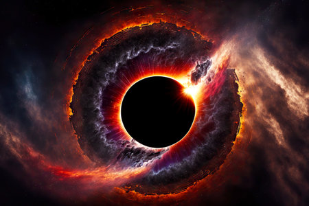 Yellow purple space ring with dark circle in form of black hole singularityの素材