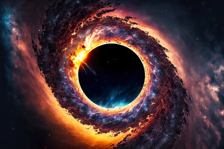 Yellow purple spiraled nebula surrounding black hole singularityの素材