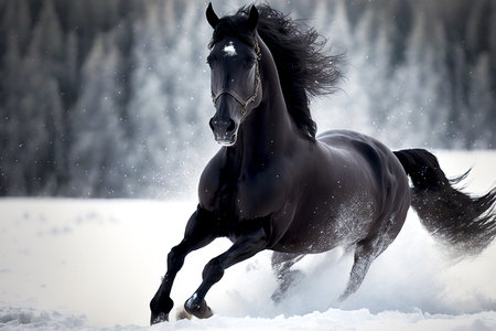 black horse with powerful legs gallops on white snowの素材