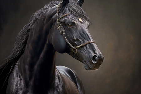 Portrait of large head black horse with bridleの素材
