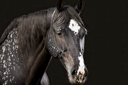 Black horse portrait with white spots on muzzle and neckの素材