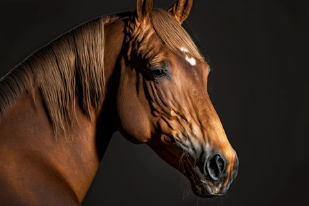 Black horse head with erect ears and long bangsの素材