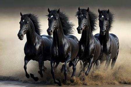 Wild herd rushing through field black horse in natureの素材