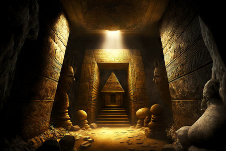 Interior of ancient Egyptian pyramids with steps and entranceの素材