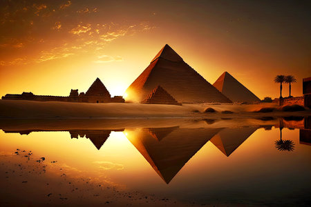 egyptian pyramids located in desert on shore of reservoirの素材