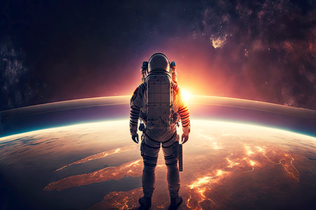Futuristic journey through space floating astronaut over planetの素材