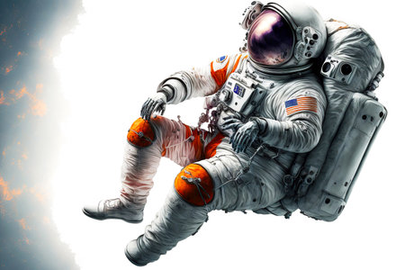 Levitating in weightlessness floating astronaut isolated on white backgroundの素材