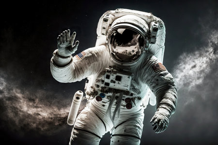 Flying in dark through galaxy floating astronaut on black backgroundの素材