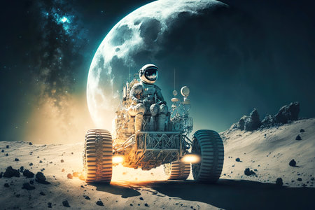 floating astronaut on machine exploring surface of unexplored planet in spaceの素材