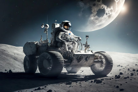 floating astronaut on machine exploring surface of unexplored planet in spaceの素材