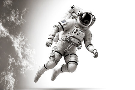 floating astronaut in white suit and helmet on white backgroundの素材