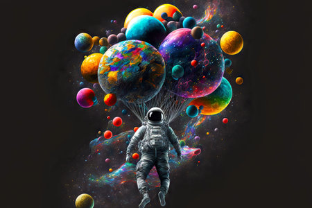 planets globes floating astronaut in open dark space on balloonsの素材