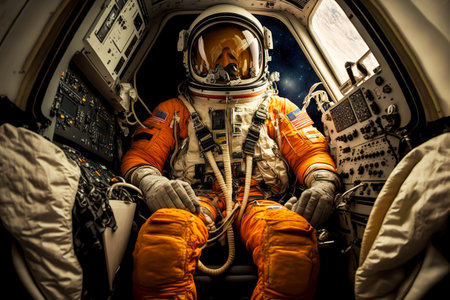 Explorer floating astronaut sitting in spaceshipの素材