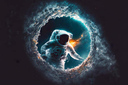 floating astronaut climbing into cave on large unexplored planet with atmosphereの素材